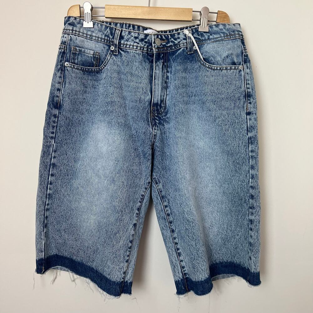 NEW Witty Fox Acid Wash Light Blue Denim Jorts Raw Edge Long Shorts 11 / 30